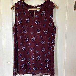 CAbi Icy Bouqet V-neck Maroon Burgundy Floral Print Flowy Sleeveless Tank Blouse